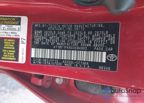 2012 Toyota Camry Se from USA, damaged, VIN 4T1BF1FK6CU594902